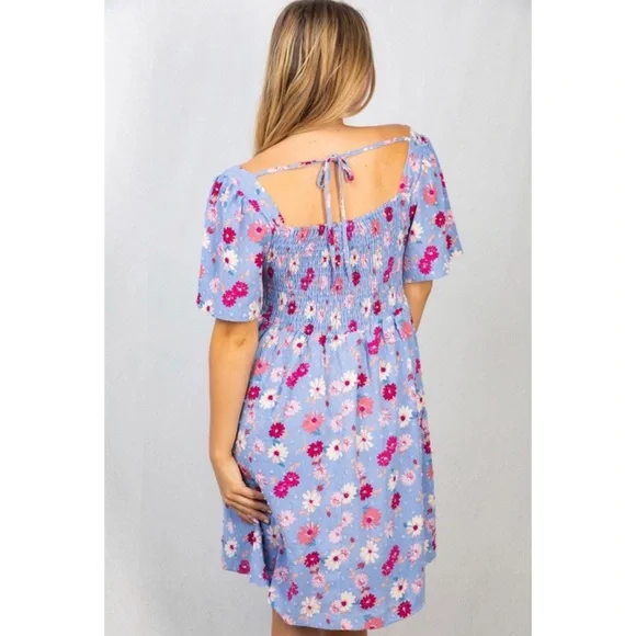 1 LEFT! Short Sleeve Floral Smocked Spring Summer Cute Dress - Picture 2 of 2